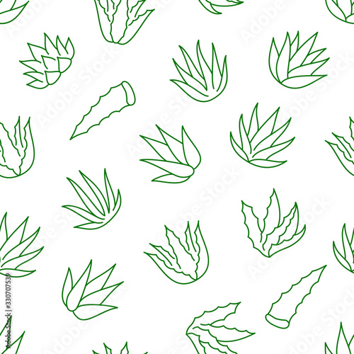 Aloe vera background, agave plant seamless pattern. Succulent wallpaper with line icons of aloevera leaves. Herbal medicine vector illustration green white color