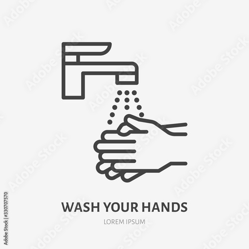 Wash your hands line icon  vector pictogram of personal hygiene. Disease prevention  hand disinfection illustration  sign for public restroom warning poster