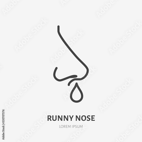 Runny nose line icon, vector pictogram of flu or coronavirus symptom. Nosebleed, nasal mucus illustration, sign for medical poster
