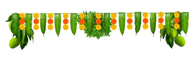 Happy Ugadi Greeting Card Background With Decorated Kalash and mangoes traditional new year festival in karnataka andra paradesh and tamil nadu tamil varusha pirappu garland