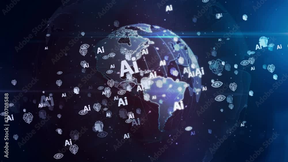 Artificial intelligence, cybernetic brain and machine learning symbols on rotating digital globe loopable seamless 3d animation. Abstract concept background of futuristic technology.