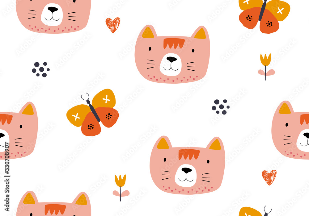 Animal seamless pattern with cat and different shapes. Abstract baby background illustration. Animal seamless pattern with cat and different shapes. Abstract baby background illustration.