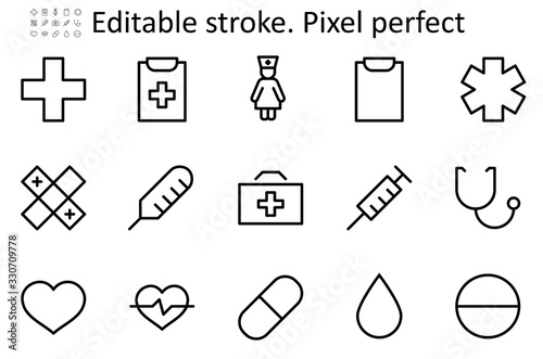 Set of Medicine vector line icons. It contains the first aid kit, nurse, syringe, thermometer, plastic, pills, heart, drop of blood, palpitation and much more. Editable Stroke. 48x48 Pixel Perfect.