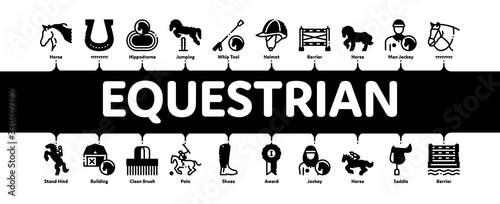 Equestrian Animal Minimal Infographic Web Banner Vector. Equestrian Horse And Polo Game, Rider Helmet And Shoe, Horseshoe And Barrier Illustrations