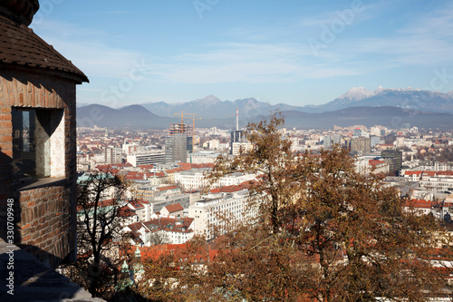 Lubiana / Slovenia - December 8, 2017: Lubiana town view from the castle, Lubiana, Slovenia