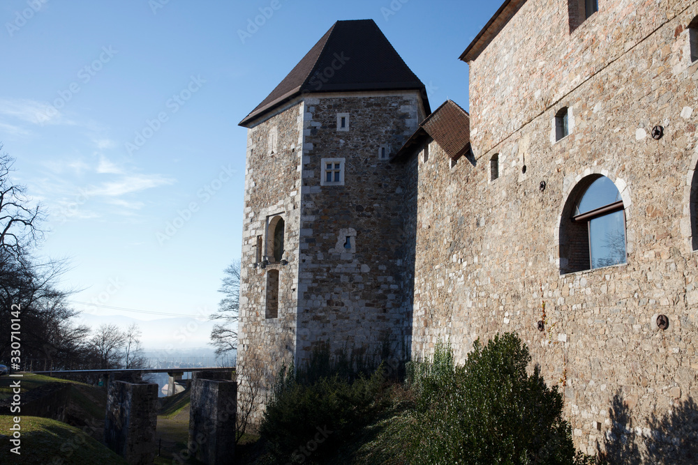 Lubiana / Slovenia - December 8, 2017: A stone side of Lubiana castle, Lubiana, Slovenia