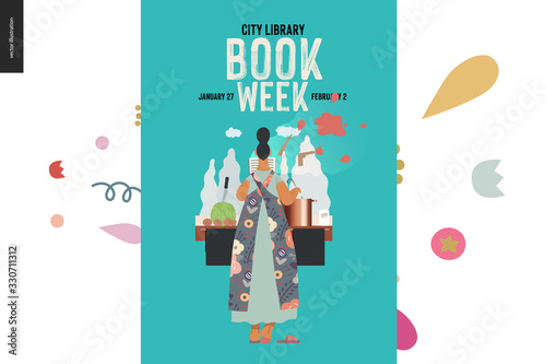 World Book Day graphics, woman cooking poster template, book week events. Modern flat vector concept illustrations of reading people -a woman reading a detective story, boiling a soup standing back