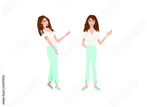 girl in two poses, vector flat illustration of girl in white t-shirt and pants on a white background
