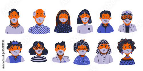 Coronavirus avatars. Novel coronavirus covid-19, people in medical face masks. Spread of the virus, pandemic. Vector flat style illustration.