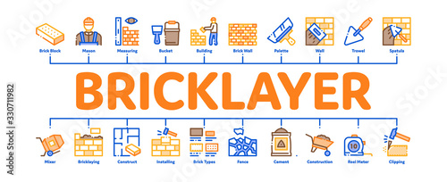 Bricklayer Industry Minimal Infographic Web Banner Vector. Professional Bricklayer Worker, Mason Layer Equipment For Construct Brick Wall Illustrations