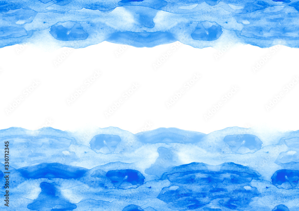 Watercolor blue stain. Seamless background. Blue wave, abstract splash of paint with a jagged edges. For design, logo, cards. Art illustration. Horizontal strip of watercolors. Border, texture, line 