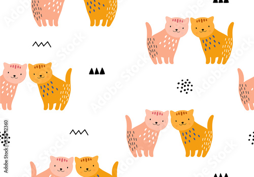 Animal seamless pattern with cat and different shapes. Abstract baby background illustration.