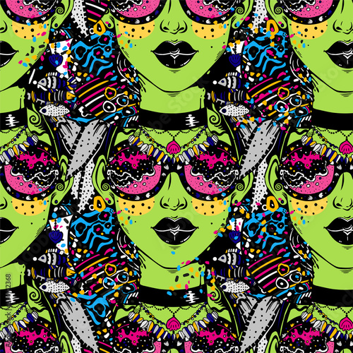 Seamless pattern of psychedelic woman in striped decor, crazy style with modern geometric glasses, vibrant and trippy.