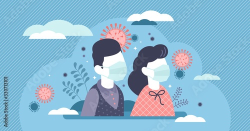 Face mask concept, flat tiny persons vector illustration