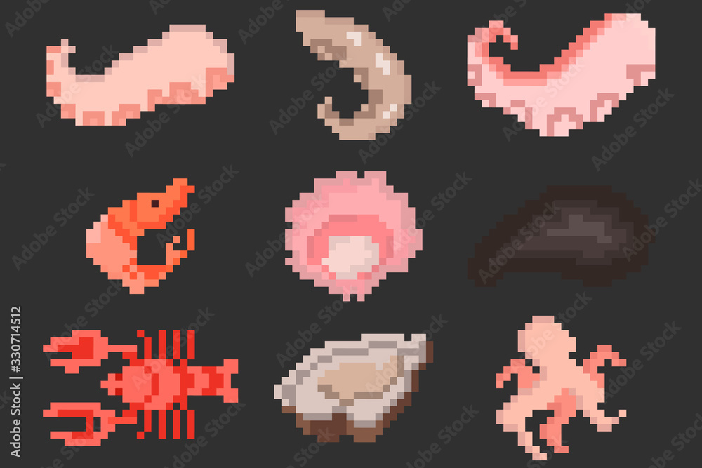A set of nine food elements in the style of a small number of pixels, various seafood mussels, crayfish, squid, octopus. A set of illustrations for games and other various purposes. A set of nine food elements in the style of a small number of pixels, various seafood mussels, crayfish, squid, octopus. A set of illustrations for games and other various purposes.