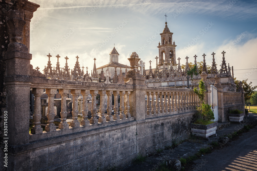 On the way of St. James, Alba Parish cemetery, at the foot of the parish of San Juan de Alba, neo-Gothic style, consisting of seven burial mounds and some prehistoric burials, Galicia, Spain