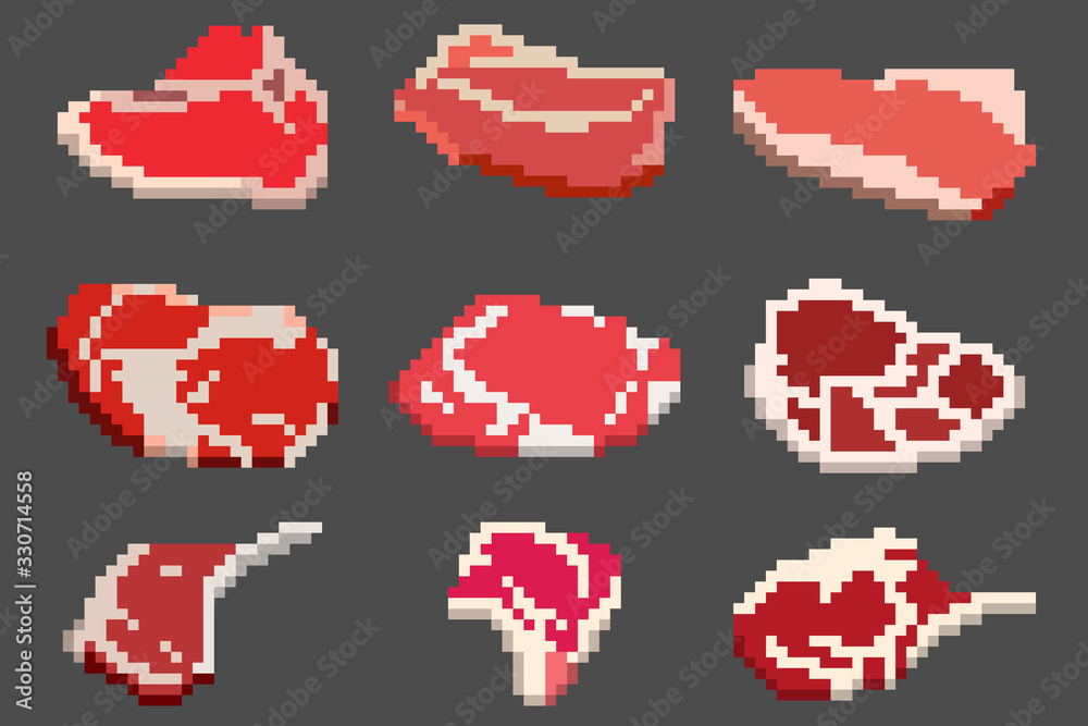 A set of nine food elements in the style of a small number of pixels, various pieces of meat steaks, tenderloins and more. A set of illustrations for games and other various purposes. A set of nine food elements in the style of a small number of pixels, various pieces of meat steaks, tenderloins and more. A set of illustrations for games and other various purposes.