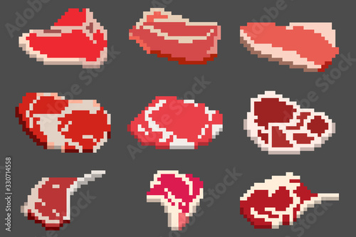 A set of nine food elements in the style of a small number of pixels, various pieces of meat steaks, tenderloins and more. A set of illustrations for games and other various purposes.