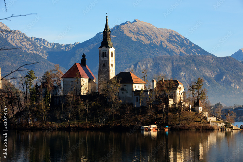 Bled / Slovenia - December 8, 2017: The Lake Bled and Santa Maria Church near Bled, Slovenia