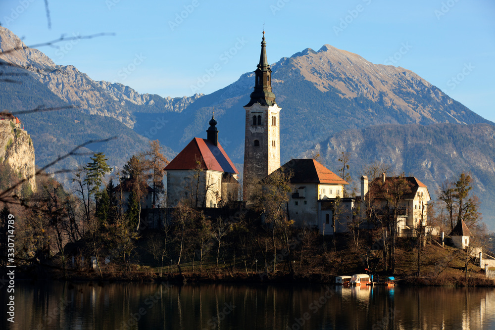 Bled / Slovenia - December 8, 2017: The Lake Bled and Santa Maria Church near Bled, Slovenia