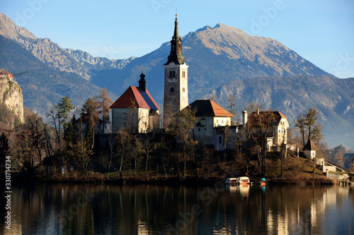 Bled / Slovenia - December 8, 2017: The Lake Bled and Santa Maria Church near Bled, Slovenia photo