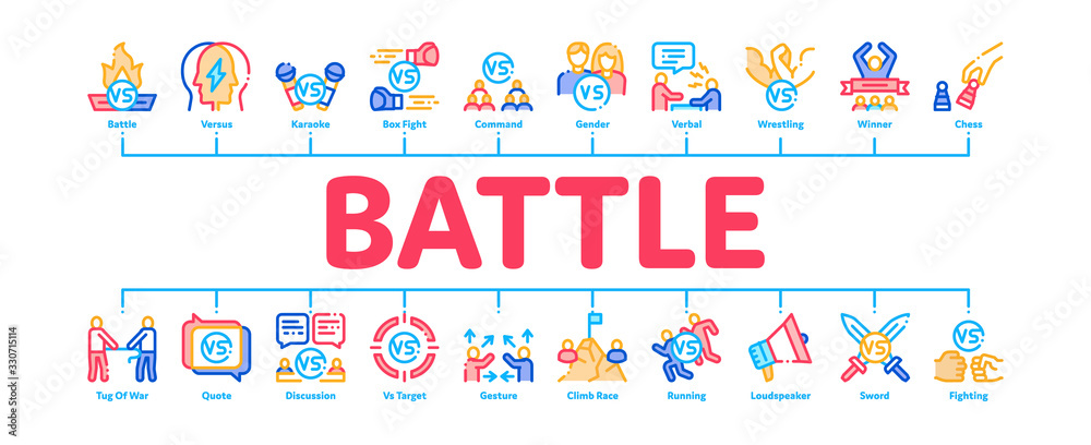 Battle Competition Minimal Infographic Web Banner Vector. Champion Battle, Box And Run Sport Championship, Chess And Karaoke, Loudspeaker And Sword Illustrations