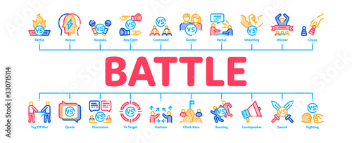 Battle Competition Minimal Infographic Web Banner Vector. Champion Battle, Box And Run Sport Championship, Chess And Karaoke, Loudspeaker And Sword Illustrations