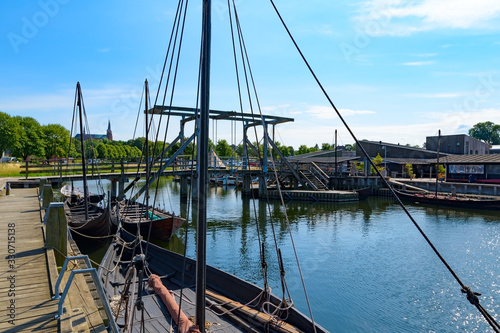 Reconstruction of Viking Ships in harbor of Roskilde, Denmark