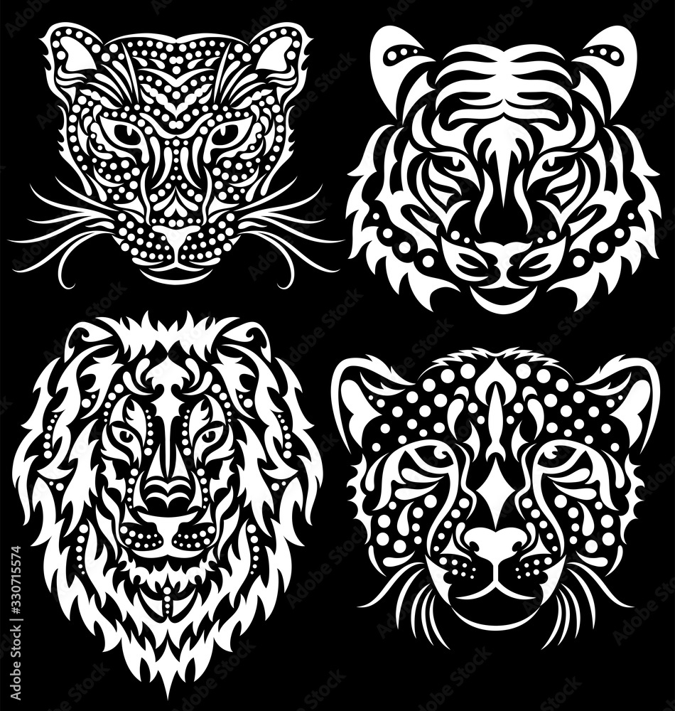 Set of wild big cats isolated on black. Pattern of a lion, a tiger, a leopard and a cheetah. 