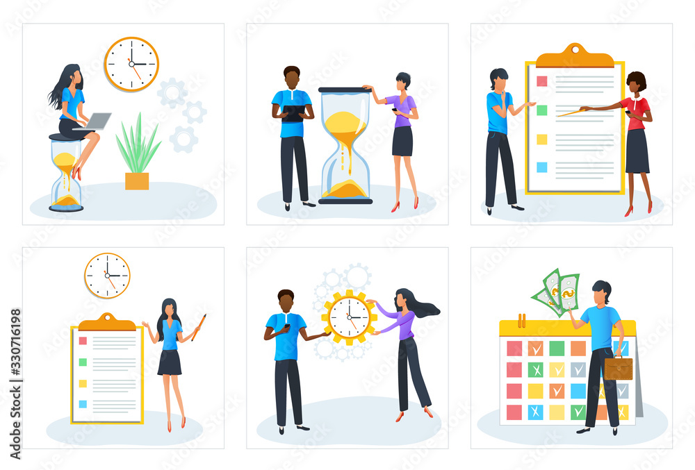 Time management and planning concept. People organizing their tasks. Weekly schedule. Business calendar planner. Effective agenda to boost productivity. Project management. Flat vector illustration.