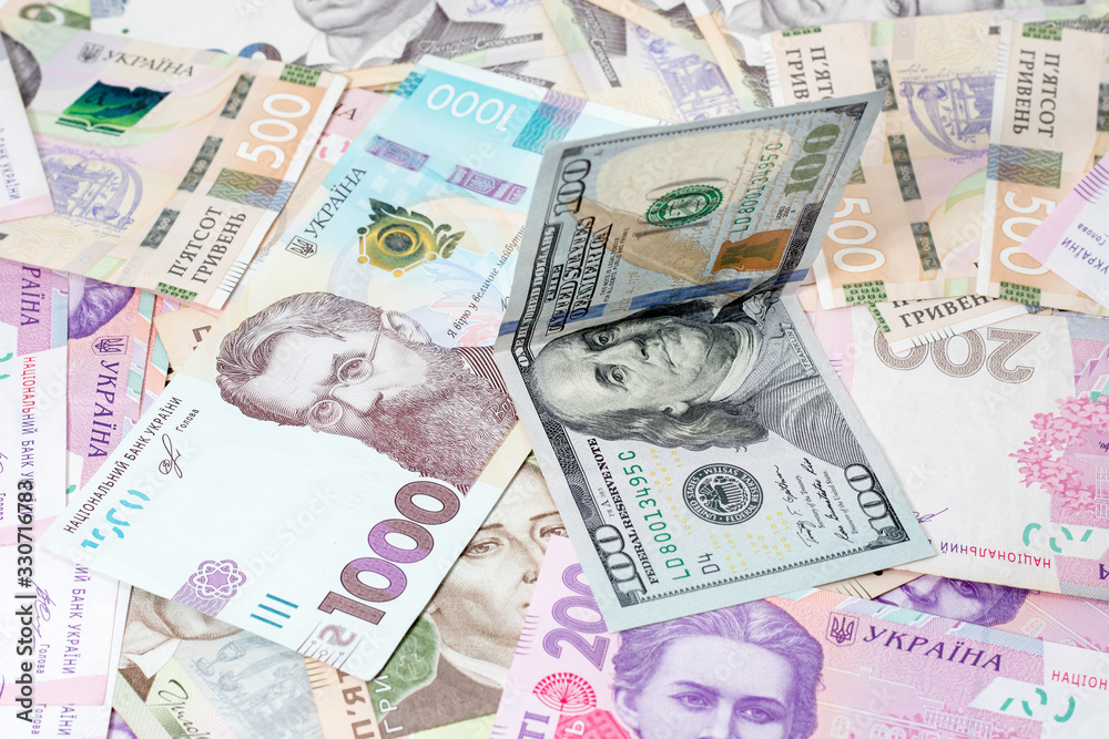 Ukrainian Money Hryvnia Banknotes USA Dollars Bills Finance In 