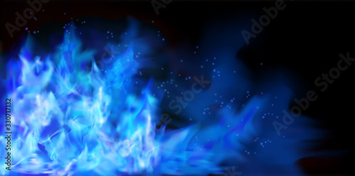 Blue fire flames on black background. Graphic elements for the design. Vector illustration.