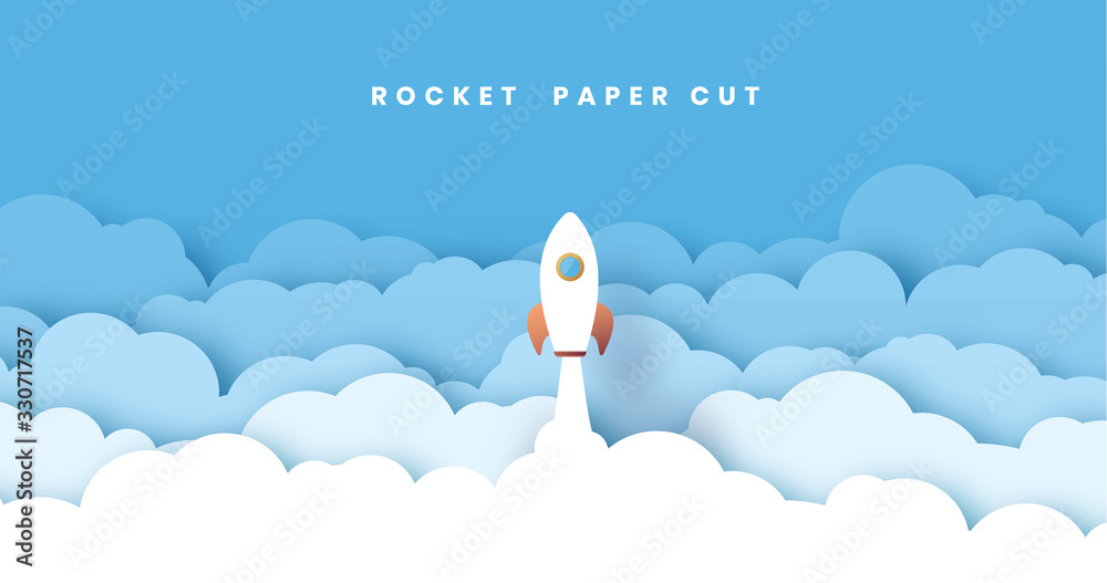 Naklejka Gorizontal White paper startup rocket concept vector illustration. Can be used for web design and workflow layout. With a lot of clouds. Blue sky. Abstract 3D background.