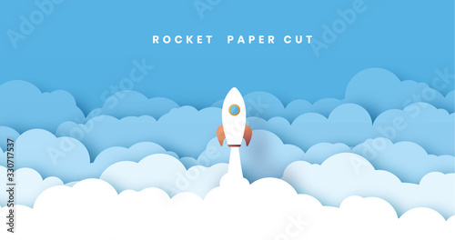 Naklejka Gorizontal White paper startup rocket concept vector illustration. Can be used for web design and workflow layout. With a lot of clouds. Blue sky. Abstract 3D background.