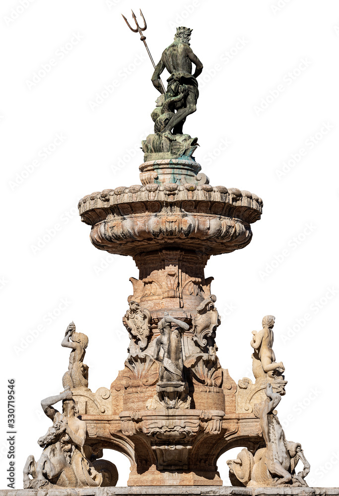 Fountain of Neptune isolated on white Background. Piazza del Duomo (Cathedral square) in Trento downtown. Trentino-Alto Adige, Italy, Europe