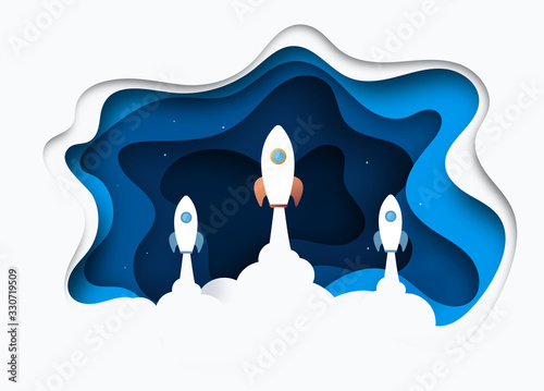 Leadership concept. winner. Paper art style of rocket flying over the earth, start up concept, flat-style vector illustration background for business