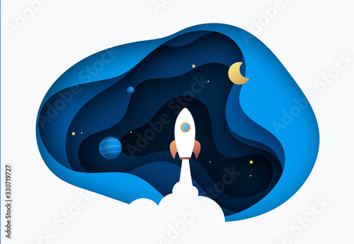 Start up concept. rocket flying on the galaxy,paper cut.vector illustration. background for business