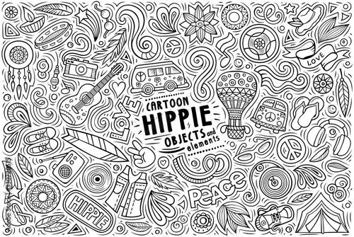 Vector set of Hippie theme items, objects and symbols