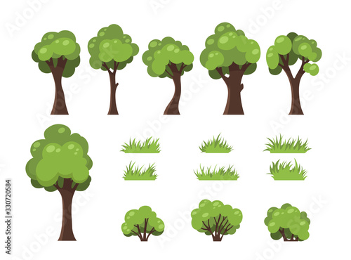 Trees, bushes and grass. Isolated image of forest nature. Wooden plant in cartoon style. Park elements set