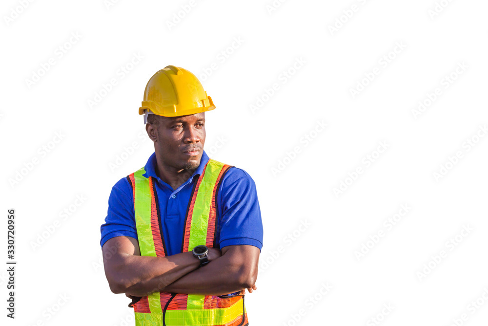 Cheerful engineer shipping company working at the harbor, Factory worker man with clipping path smiling with arms crossed on white background Cheerful engineer shipping company working at the harbor, Factory worker man with clipping path smiling with arms crossed on white background