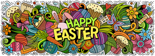 Happy Easter hand drawn cartoon doodles illustration.