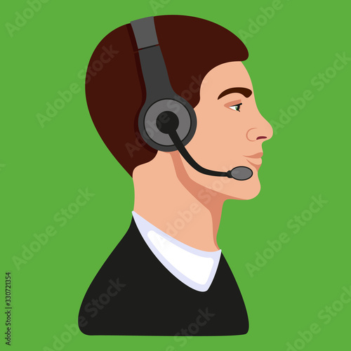 Handsome man call center operator profile.  Phone talk job. Online customer support service. Green Background. Vector illustration.