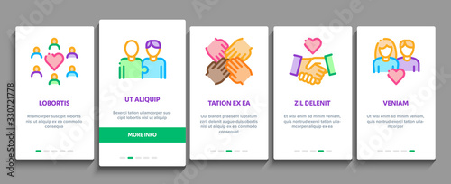 Friendship Relation Onboarding Mobile App Page Screen Vector. Handshake And Friendship Gesture, Love And Partnership, Internet Communication Color Contour Illustrations