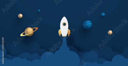 Start up concept. rocket flying on the moon,paper cut.Vector illustration Night sky, shining stars, moon, planets, fluffy clouds.