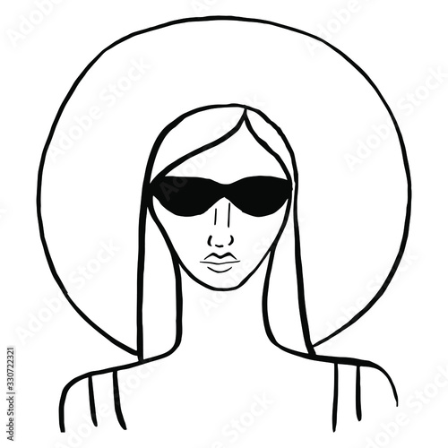 Sketch girl in a hat and black glasses. A quick sketch of the lines.