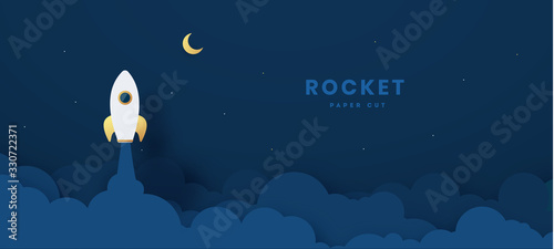 Rocket launch to the Moon. Cute space background with stars, moon, rocket, clouds, smoke. Night sky background with flying rocket. Paper cut craft style. Vector Illustration.