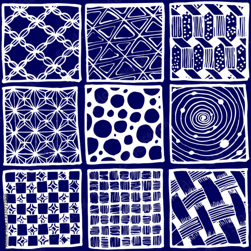 Squares with different patterns inside. Tiles with illustrations.