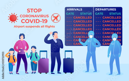 Coronavirus covid- 19. People at the airport. Vector flat illustration. Display board Cancelled. Airport suspends all flights quarantine.