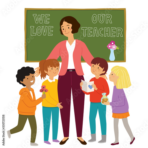 Teachers day at school. Kids give flowers and presents to their loving teacher and show their appreciation.