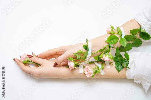 hand in hand pink rose buds on hands, on white background, insulator, hand skin care concept